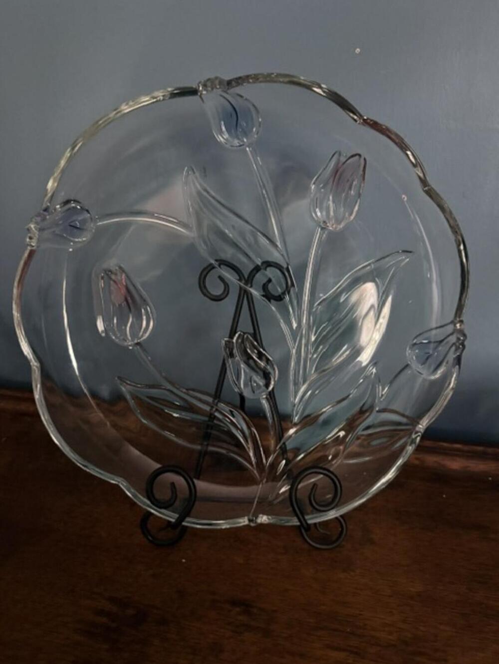 Mikasa Tivoli Glass Deep Platter with Embossed Pink and Blue Tulip Design